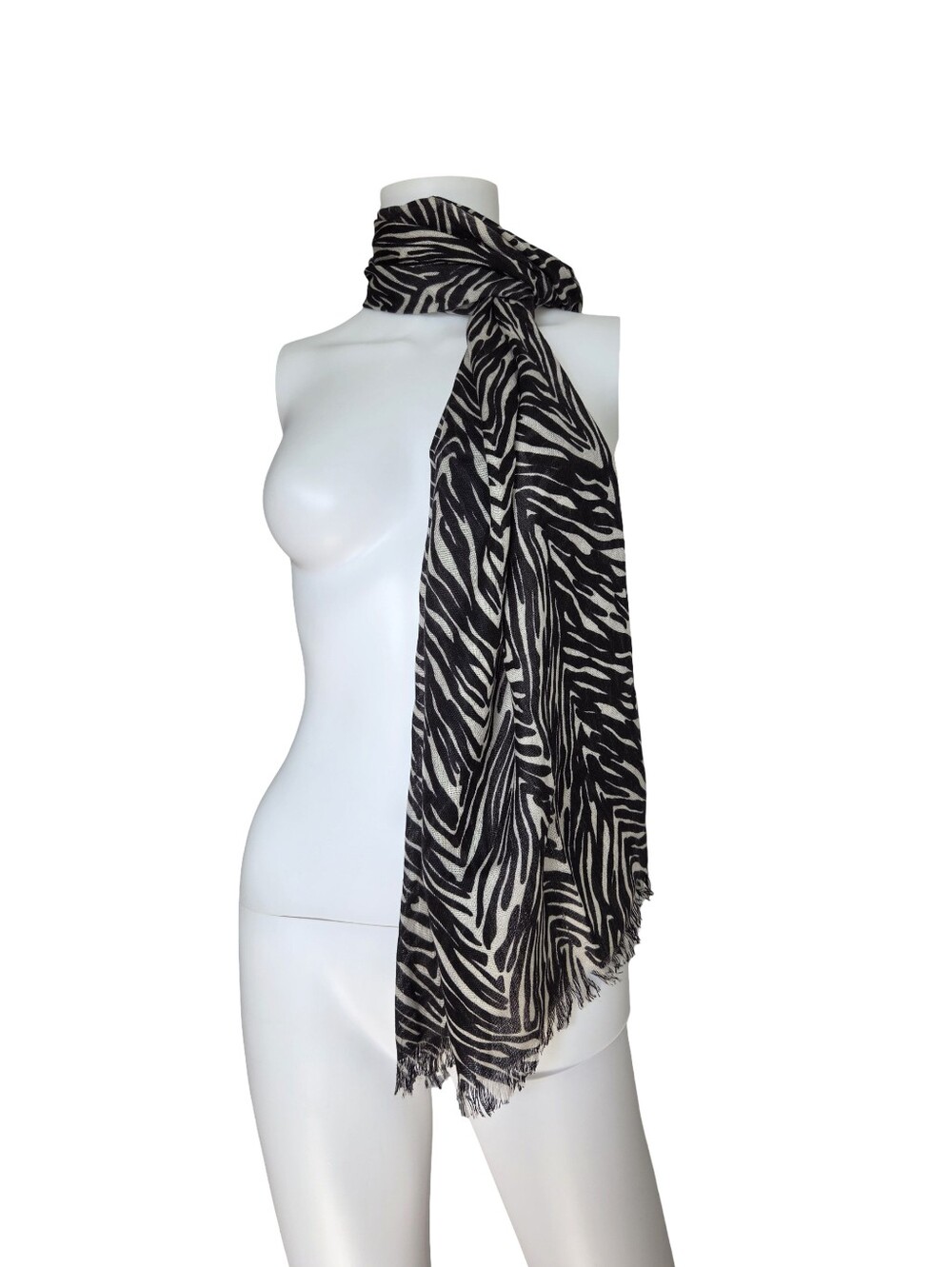 NEW flaw Ann Taylor Zebra Animal Print Scarf Wool Cashmere Raw Hem Black Ivory